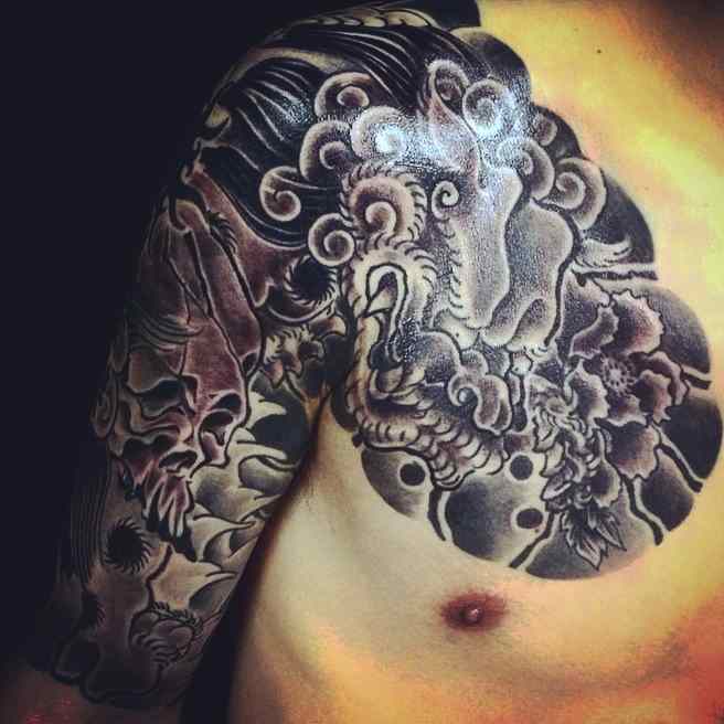 唐獅子牡丹関東彫り胸ひかえ腕五分刺青irezumi【千葉幕張タトゥー