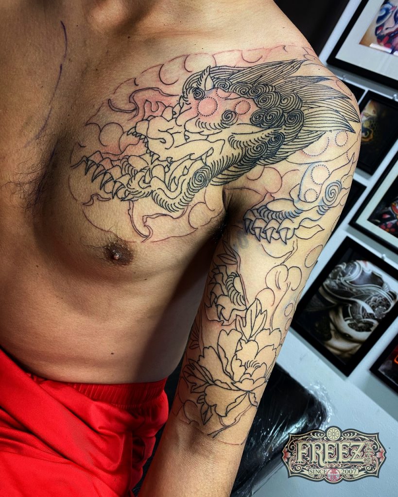 腕五分に唐獅子牡丹 始め 刺青irezumi 千葉幕張タトゥーtattoo 千葉彫亜星 千葉タトゥーは千葉市花見川区幕張本郷のfree Z Tattoo フリーズタトゥー